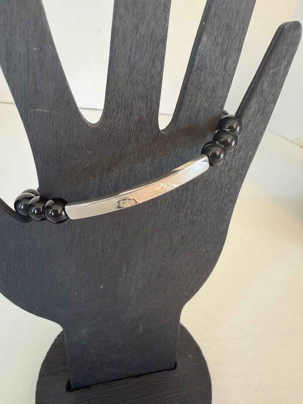Plunder stretch Black Beaded Bracelet with Silver Bar Accent